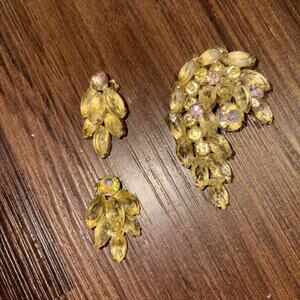 Vintage Angel Wing Brooch & Clip on Earrings Set Yellow Rhinestones Unsigned